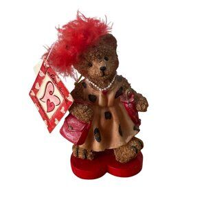 Vtg Valentines Day Bear Figurine Red Hat Lady Red Feather Hat Purse Stylish 2002